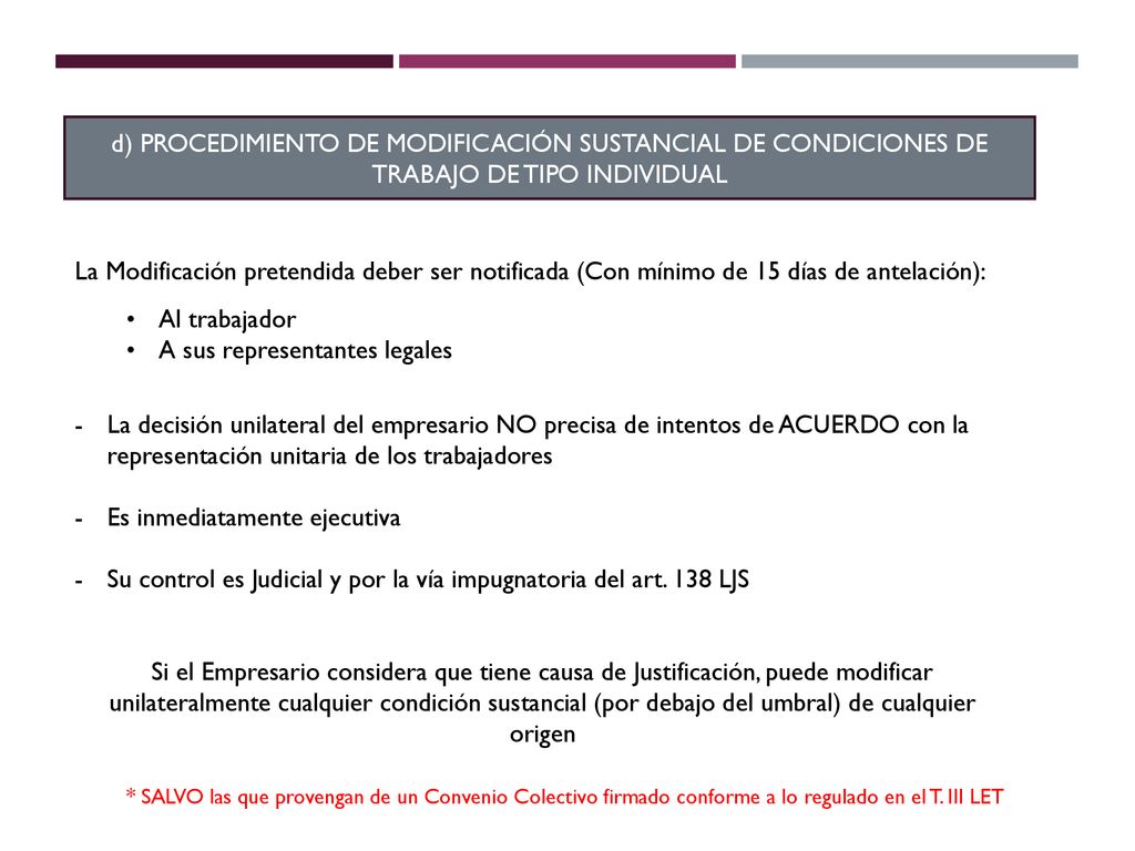 d) PROCEDIMIENTO DE MODIFICACIÓN SUSTANCIAL DE CONDICIONES DE TRABAJO DE TIPO INDIVIDUAL