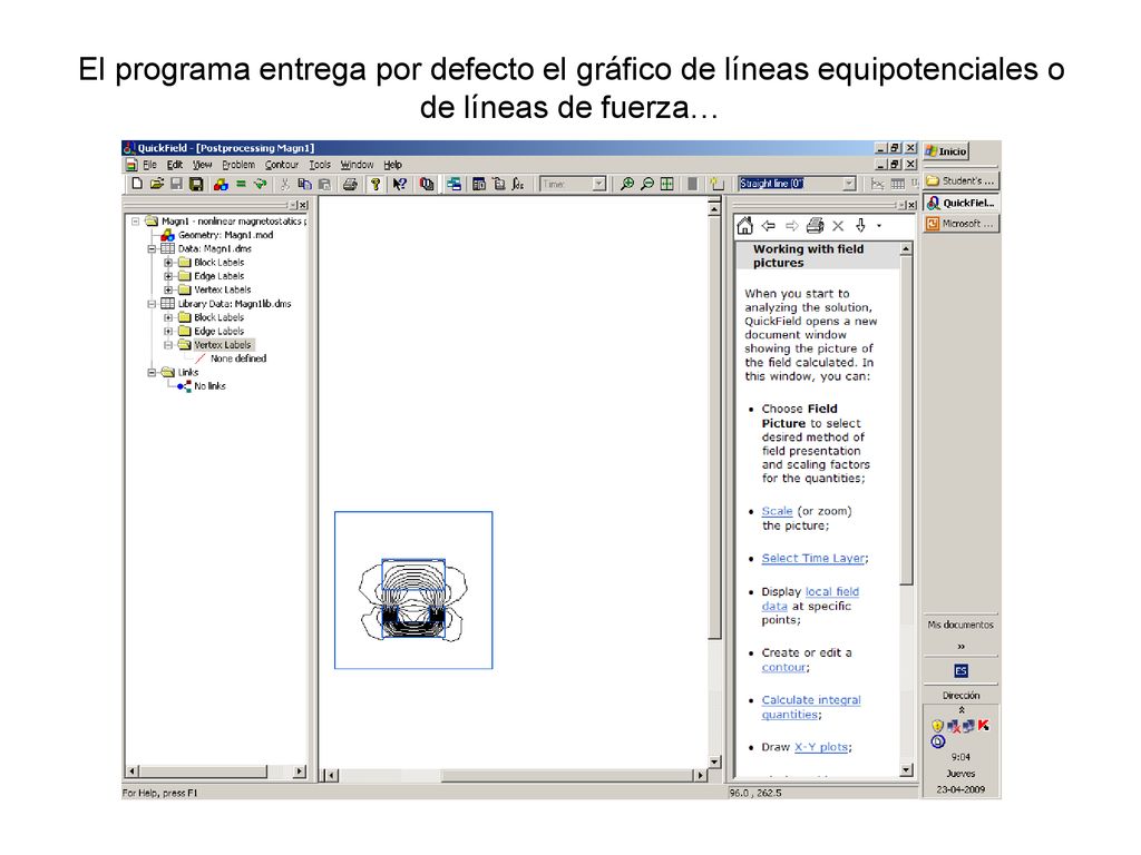 El programa entrega por defecto el gráfico de líneas equipotenciales o de líneas de fuerza…