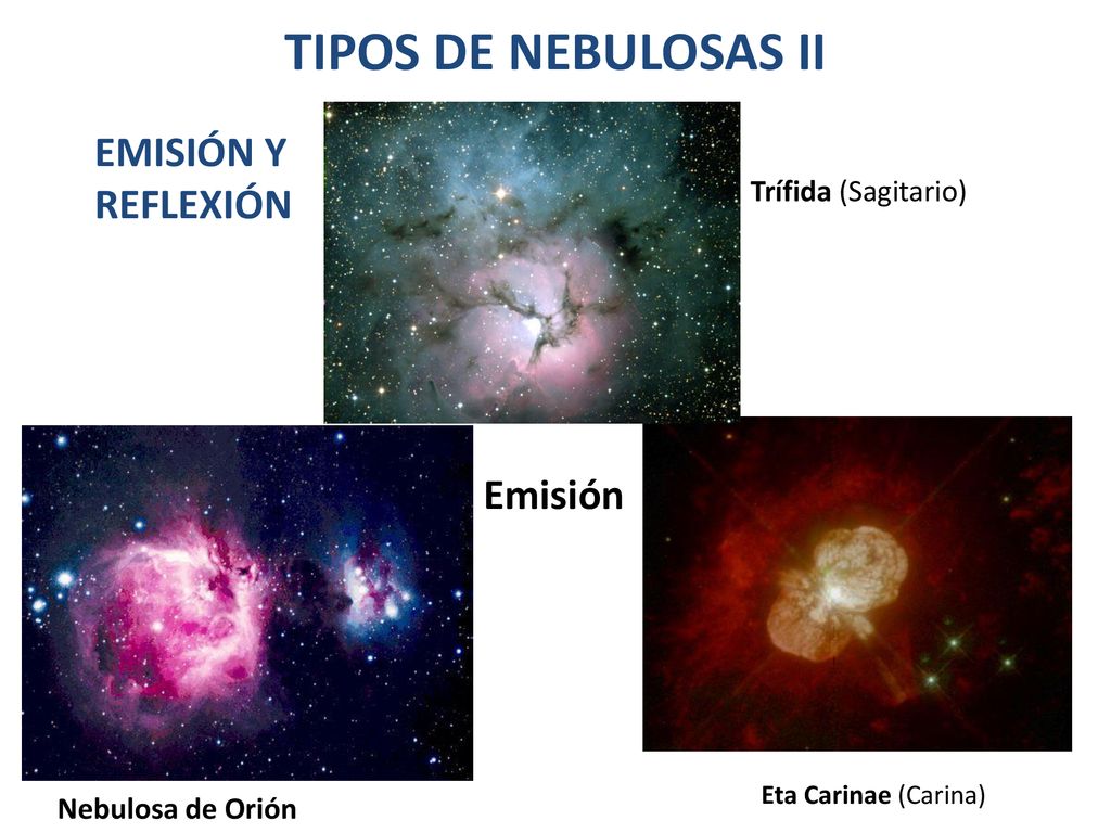TIPOS DE NEBULOSAS II EMISIÓN Y REFLEXIÓN Emisión Trífida (Sagitario)