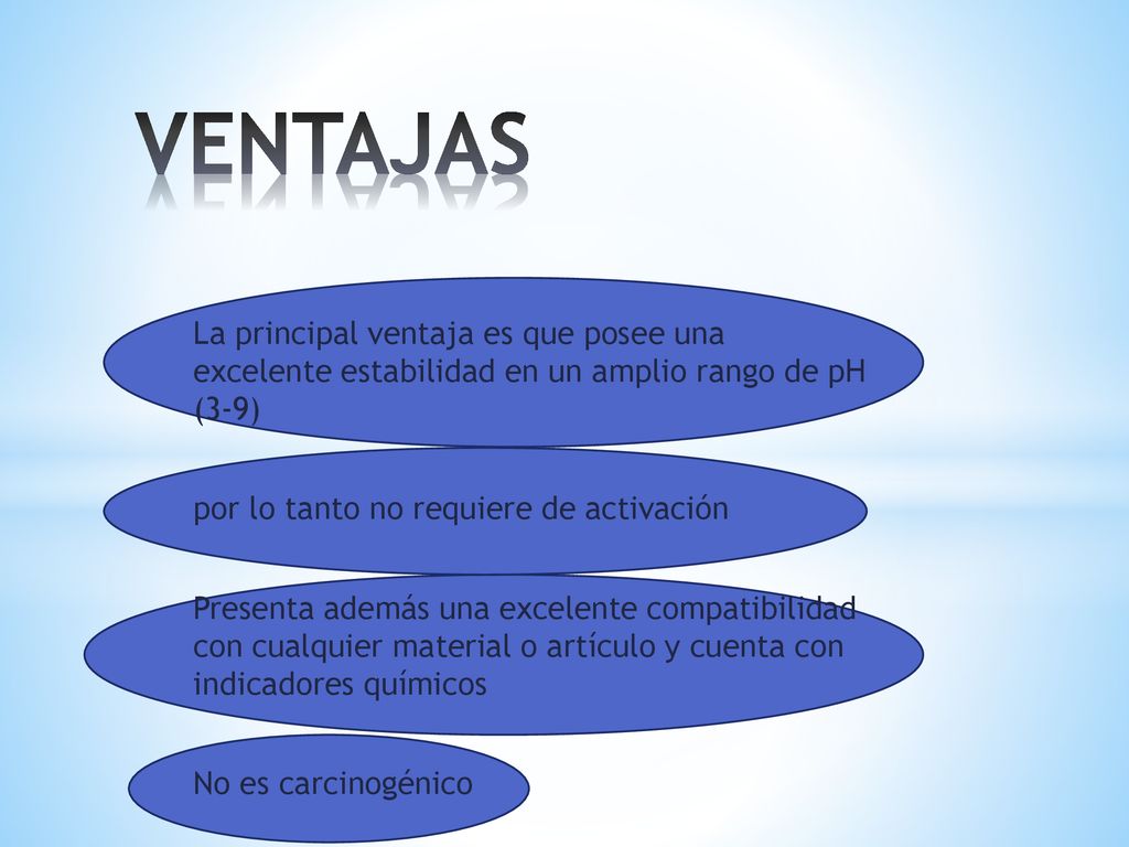 VENTAJAS La principal ventaja es que posee una excelente estabilidad en un amplio rango de pH (3-9)