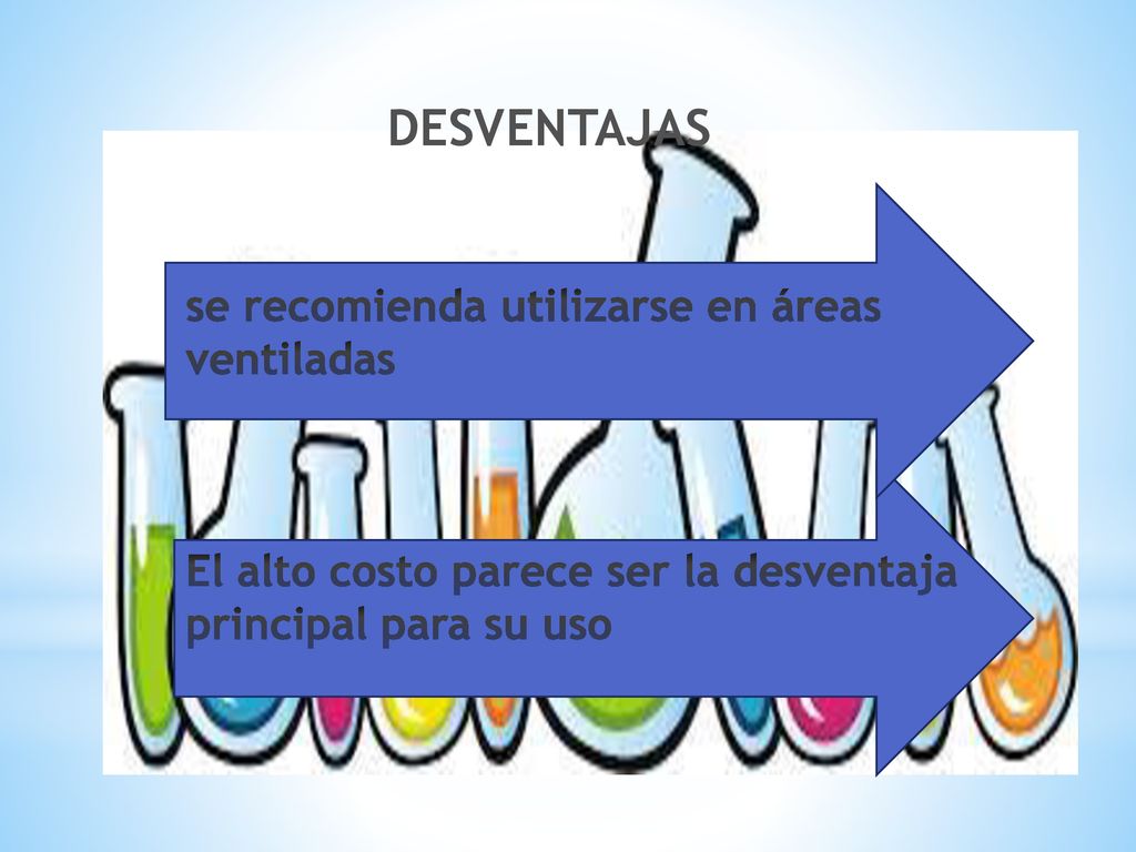 DESVENTAJAS se recomienda utilizarse en áreas ventiladas El alto costo parece ser la desventaja principal para su uso.