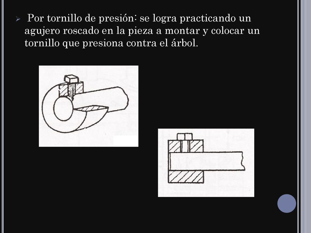 Por tornillo de presión: se logra practicando un agujero roscado en la pieza a montar y colocar un tornillo que presiona contra el árbol.