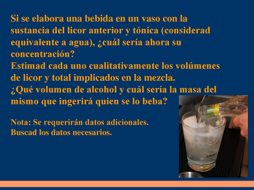 Si se elabora una bebida en un vaso con la sustancia del licor anterior y tónica (considerad equivalente a agua), ¿cuál sería ahora su concentración