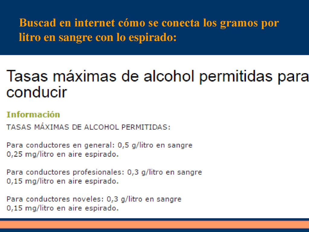 Buscad en internet cómo se conecta los gramos por litro en sangre con lo espirado: