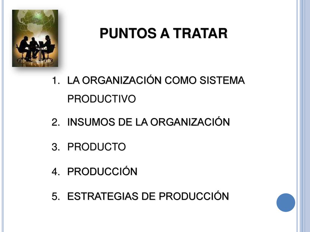 PUNTOS A TRATAR LA ORGANIZACIÓN COMO SISTEMA PRODUCTIVO