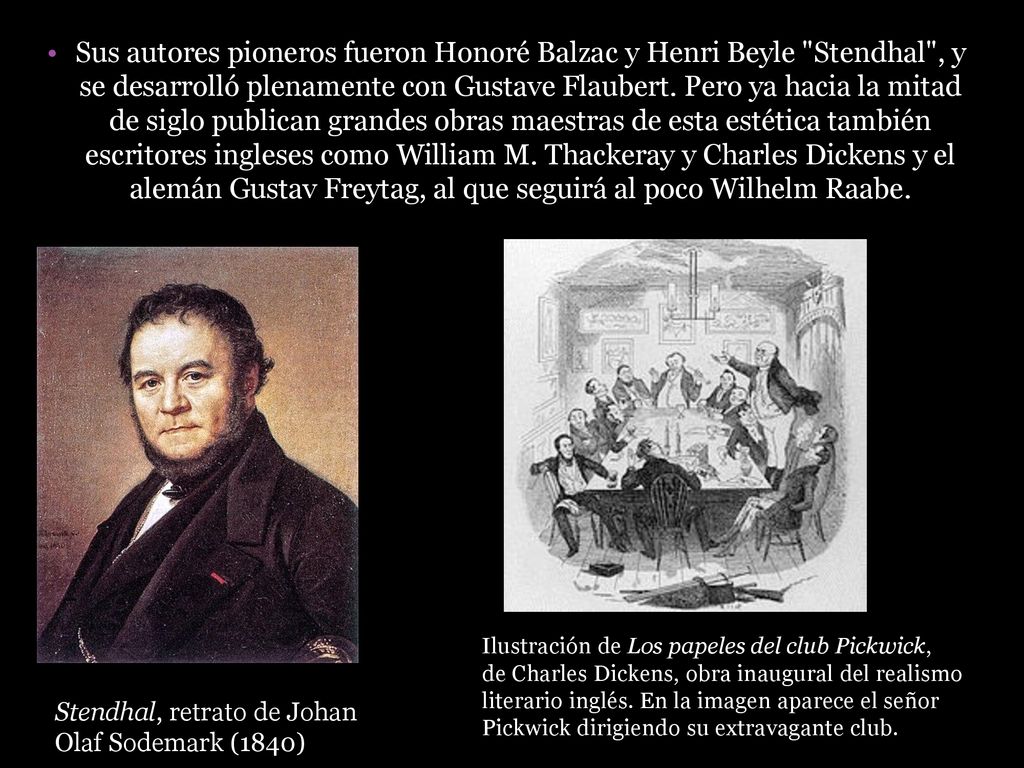 Sus autores pioneros fueron Honoré Balzac y Henri Beyle Stendhal , y se desarrolló plenamente con Gustave Flaubert. Pero ya hacia la mitad de siglo publican grandes obras maestras de esta estética también escritores ingleses como William M. Thackeray y Charles Dickens y el alemán Gustav Freytag, al que seguirá al poco Wilhelm Raabe.