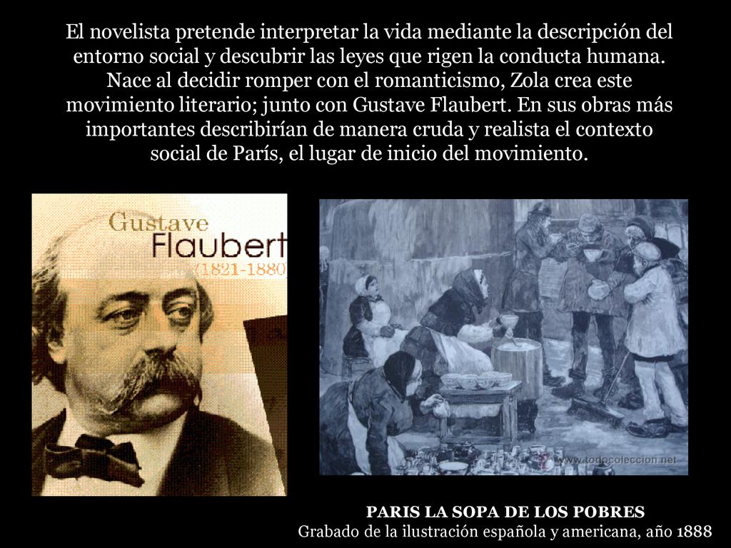El novelista pretende interpretar la vida mediante la descripción del entorno social y descubrir las leyes que rigen la conducta humana. Nace al decidir romper con el romanticismo, Zola crea este movimiento literario; junto con Gustave Flaubert. En sus obras más importantes describirían de manera cruda y realista el contexto social de París, el lugar de inicio del movimiento.