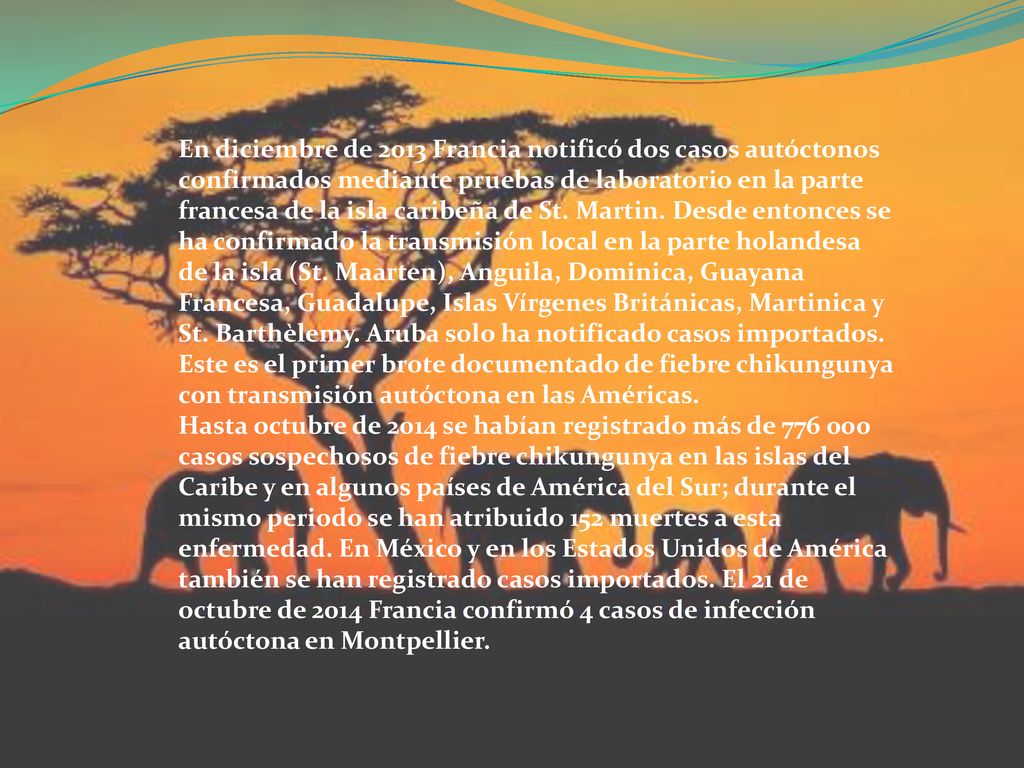 En diciembre de 2013 Francia notificó dos casos autóctonos confirmados mediante pruebas de laboratorio en la parte francesa de la isla caribeña de St. Martin. Desde entonces se ha confirmado la transmisión local en la parte holandesa de la isla (St. Maarten), Anguila, Dominica, Guayana Francesa, Guadalupe, Islas Vírgenes Británicas, Martinica y St. Barthèlemy. Aruba solo ha notificado casos importados.