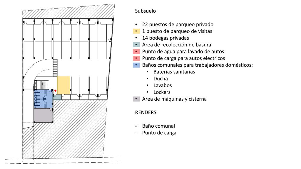 Subsuelo 22 puestos de parqueo privado. 1 puesto de parqueo de visitas. 14 bodegas privadas. Área de recolección de basura.