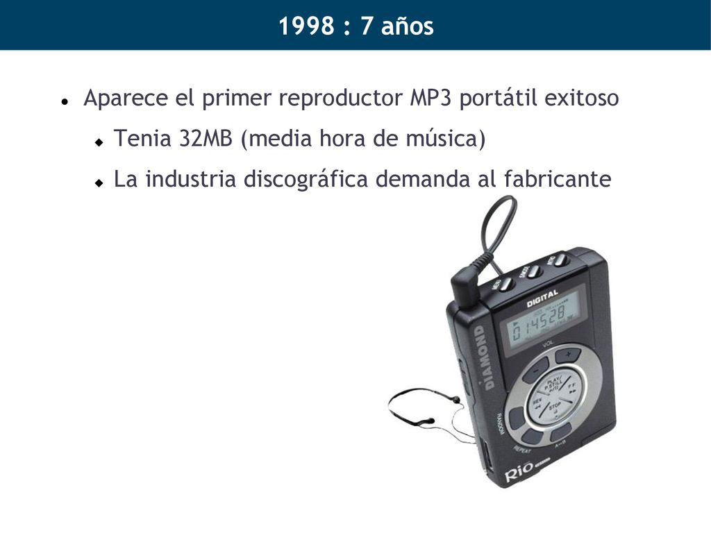1998 : 7 años Aparece el primer reproductor MP3 portátil exitoso