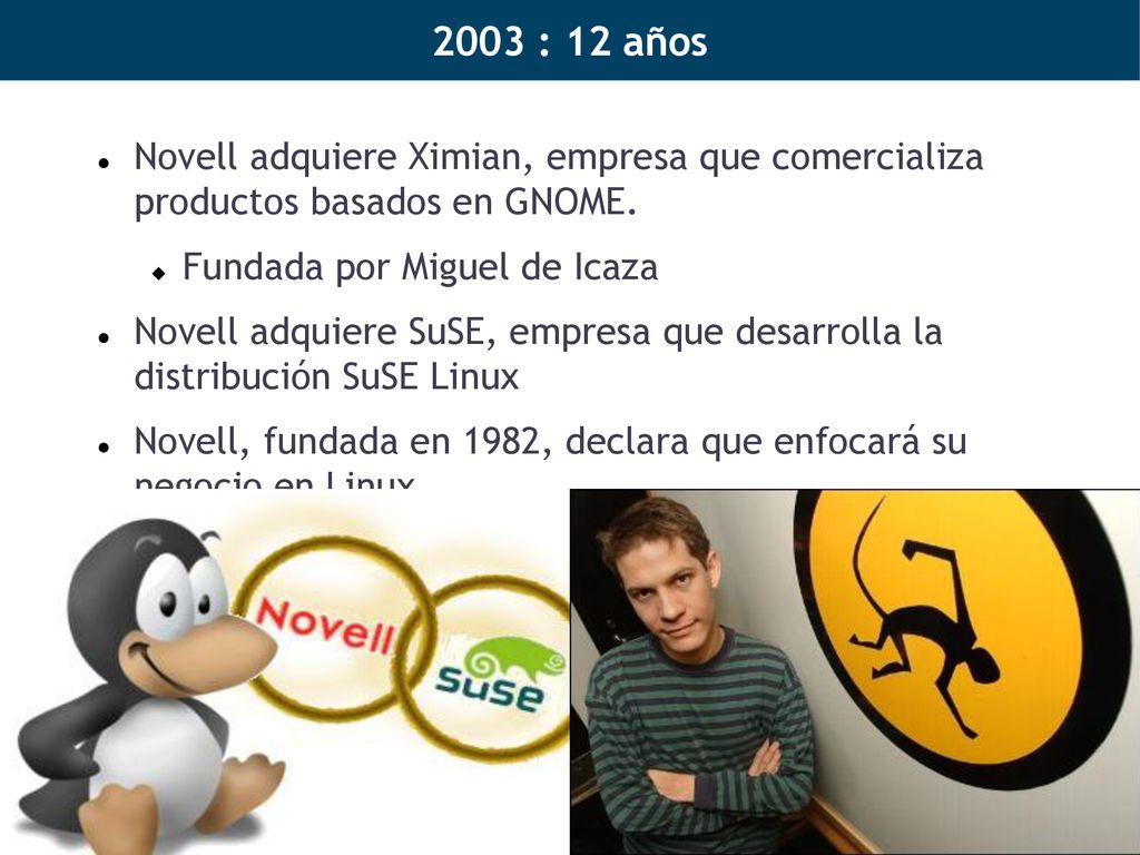 2003 : 12 años Novell adquiere Ximian, empresa que comercializa productos basados en GNOME. Fundada por Miguel de Icaza.