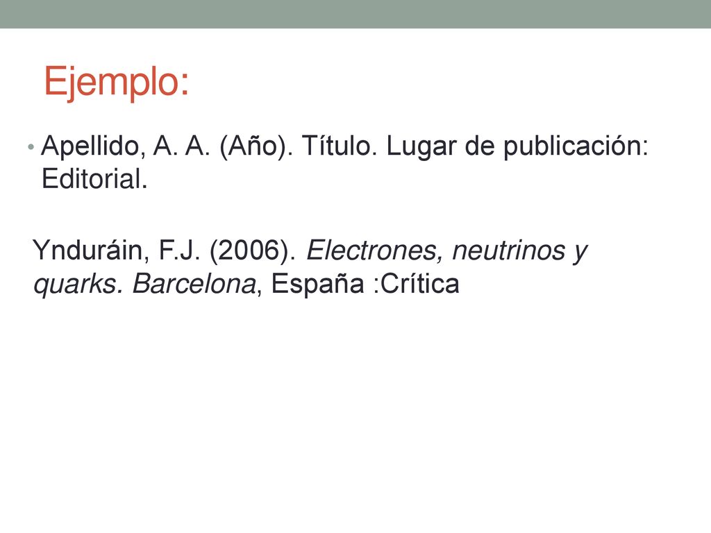 Ejemplo: Apellido, A. A. (Año). Título. Lugar de publicación: Editorial.