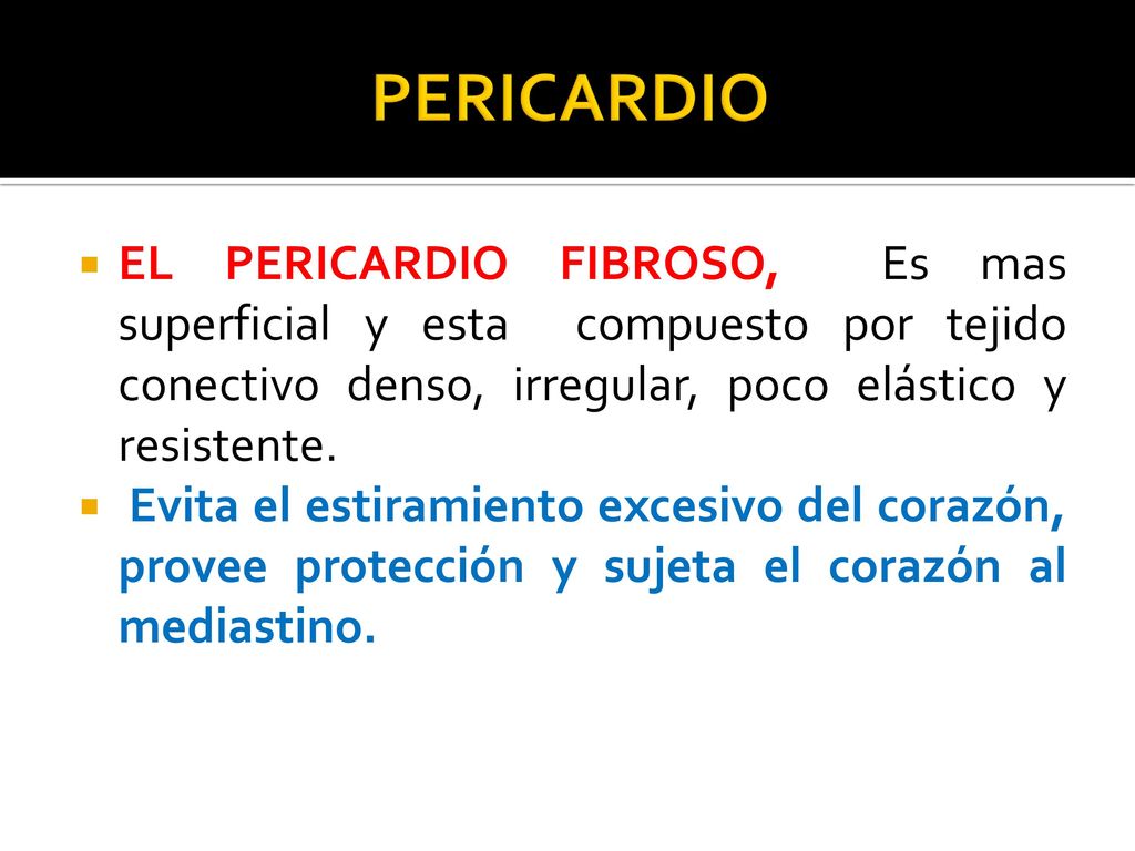 PERICARDIO EL PERICARDIO FIBROSO, Es mas superficial y esta compuesto por tejido conectivo denso, irregular, poco elástico y resistente.