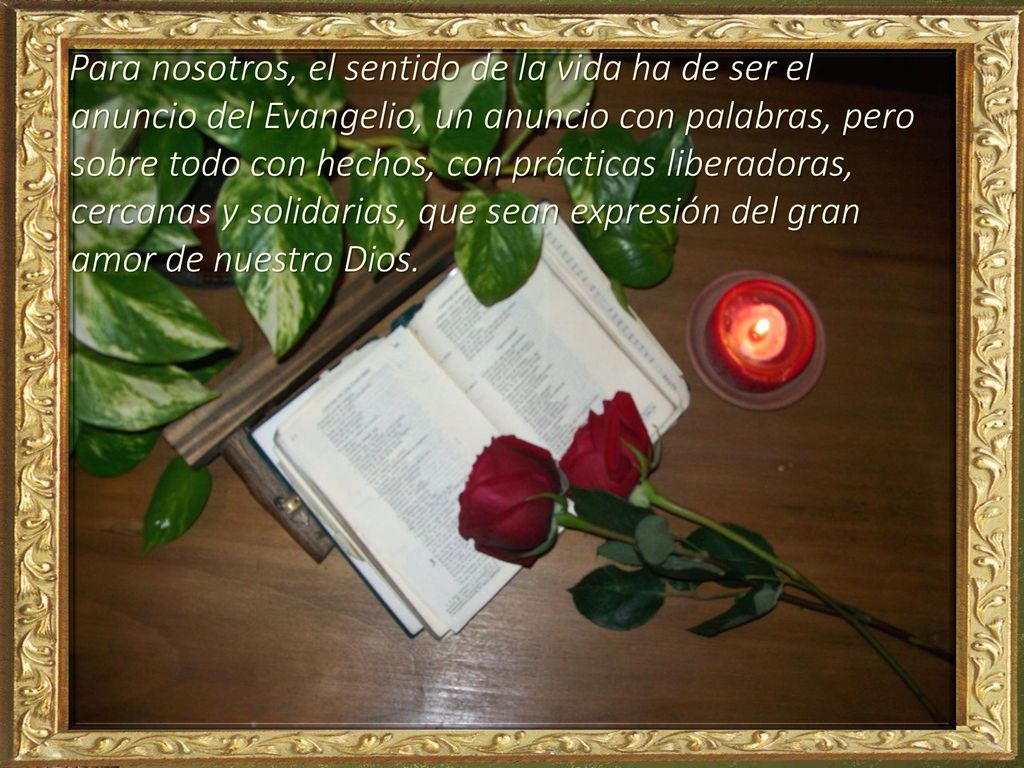 Para nosotros, el sentido de la vida ha de ser el anuncio del Evangelio, un anuncio con palabras, pero sobre todo con hechos, con prácticas liberadoras, cercanas y solidarias, que sean expresión del gran amor de nuestro Dios.