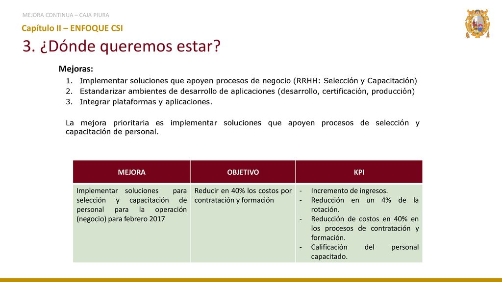 3. ¿Dónde queremos estar Capítulo II – ENFOQUE CSI Mejoras: MEJORA