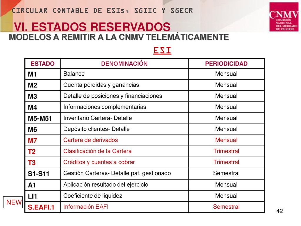 VI. ESTADOS RESERVADOS ESI MODELOS A REMITIR A LA CNMV TELEMÁTICAMENTE