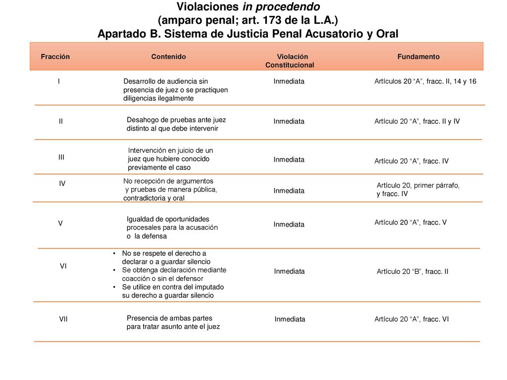 Violaciones in procedendo (amparo penal; art. 173 de la L.A.)