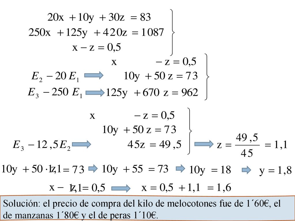 Solución: el precio de compra del kilo de melocotones fue de 1´60€, el de manzanas 1´80€ y el de peras 1´10€.