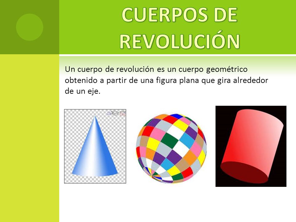 CUERPOS DE REVOLUCIÓN Un cuerpo de revolución es un cuerpo geométrico obtenido a partir de una figura plana que gira alrededor de un eje.