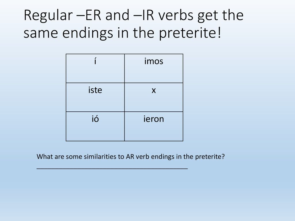 Regular –ER and –IR verbs get the same endings in the preterite!
