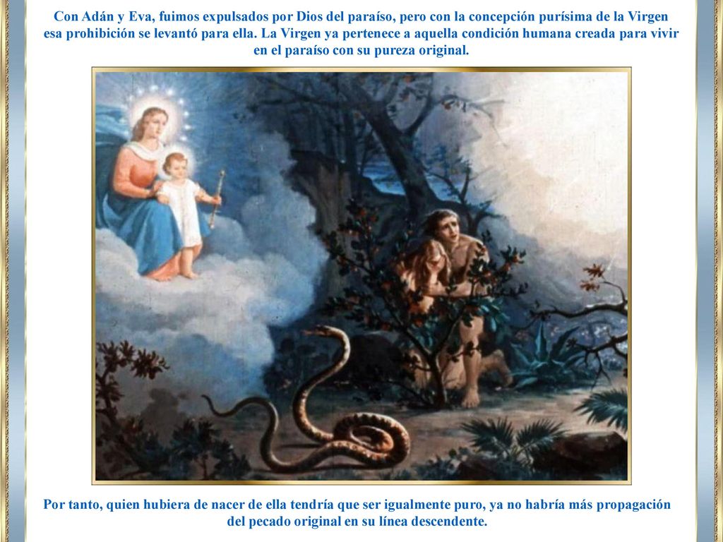 Con Adán y Eva, fuimos expulsados por Dios del paraíso, pero con la concepción purísima de la Virgen esa prohibición se levantó para ella. La Virgen ya pertenece a aquella condición humana creada para vivir en el paraíso con su pureza original.