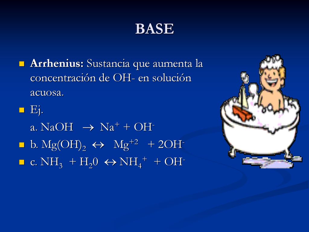 BASE Arrhenius: Sustancia que aumenta la concentración de OH- en solución acuosa. Ej. a. NaOH  Na+ + OH-