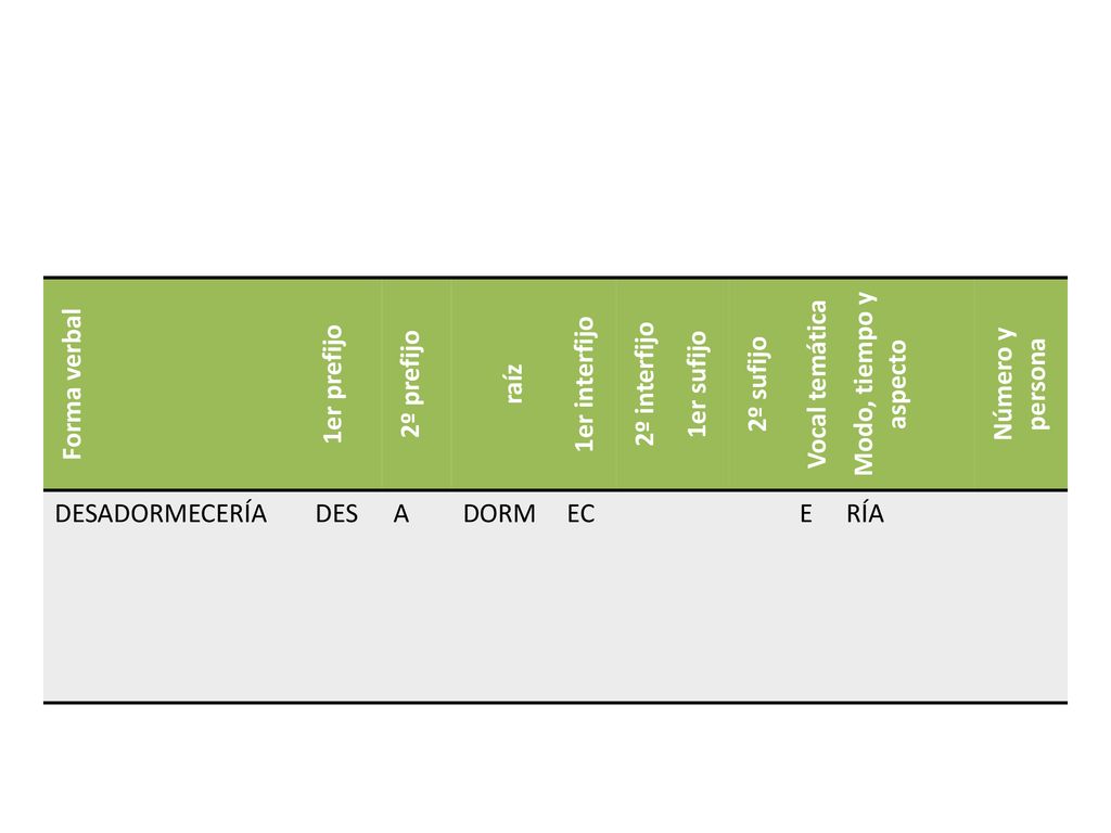 Forma verbal 1er prefijo. 2º prefijo. raíz. 1er interfijo. 2º interfijo. 1er sufijo. 2º sufijo.