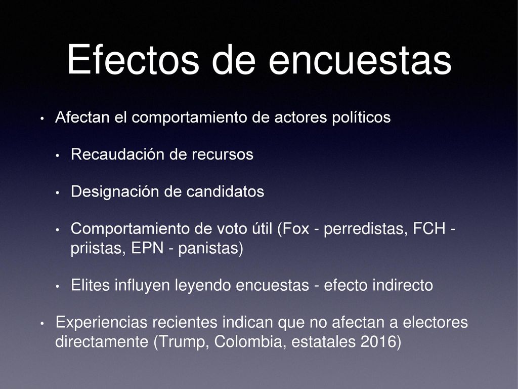 Efectos de encuestas Afectan el comportamiento de actores políticos