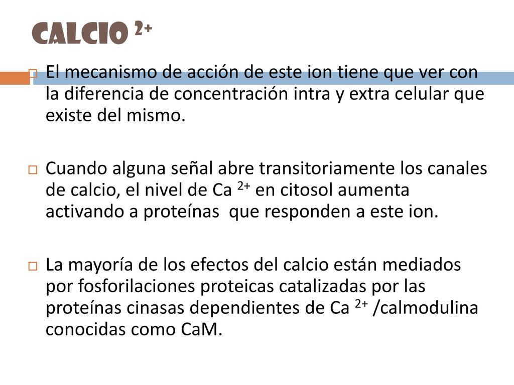 Calcio 2+ El mecanismo de acción de este ion tiene que ver con la diferencia de concentración intra y extra celular que existe del mismo.