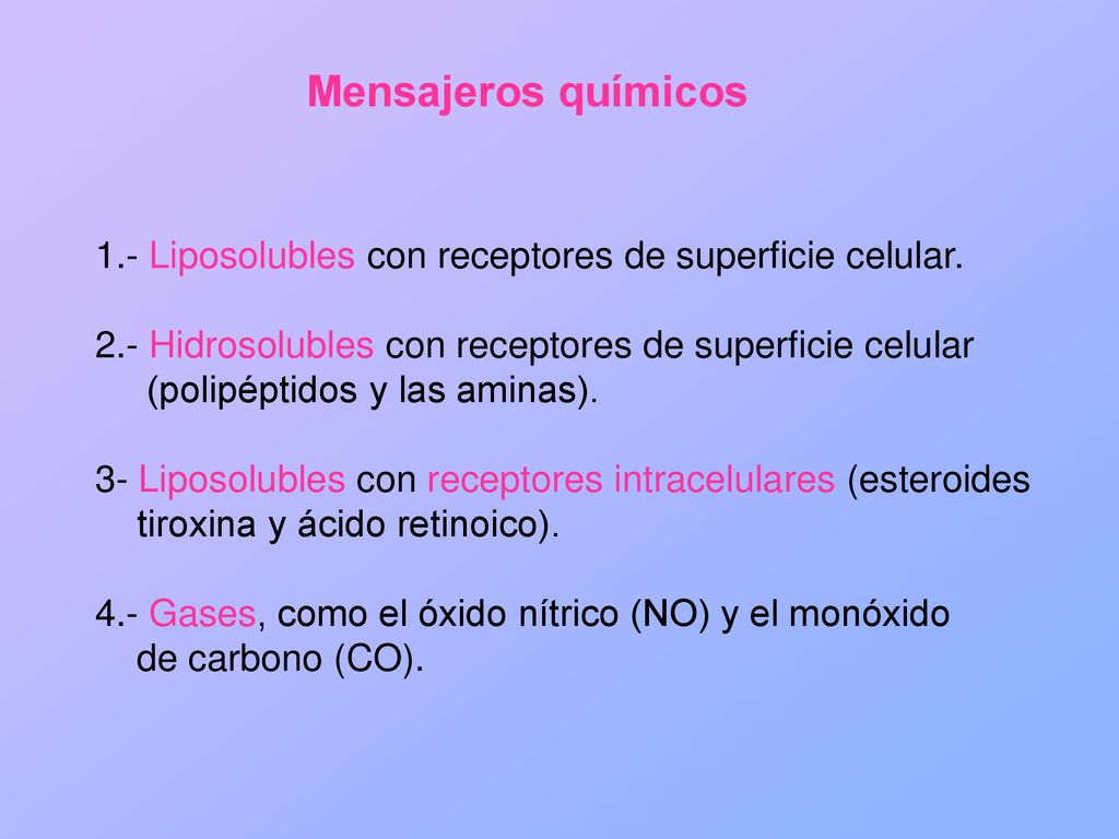 Mensajeros químicos 1.- Liposolubles con receptores de superficie celular. 2.- Hidrosolubles con receptores de superficie celular.