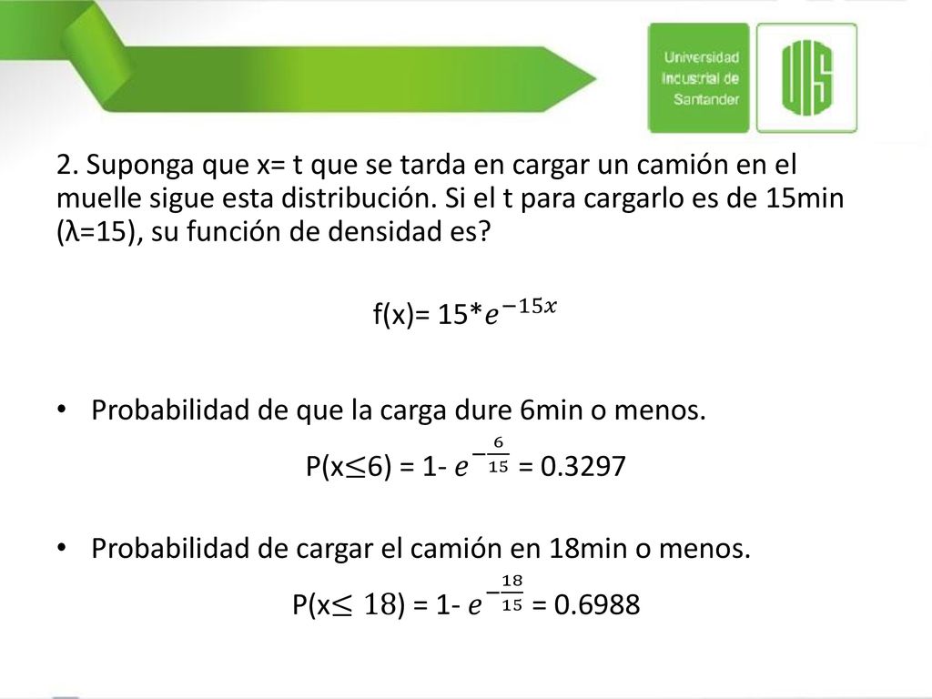 2. Suponga que x= t que se tarda en cargar un camión en el muelle sigue esta distribución. Si el t para cargarlo es de 15min (λ=15), su función de densidad es