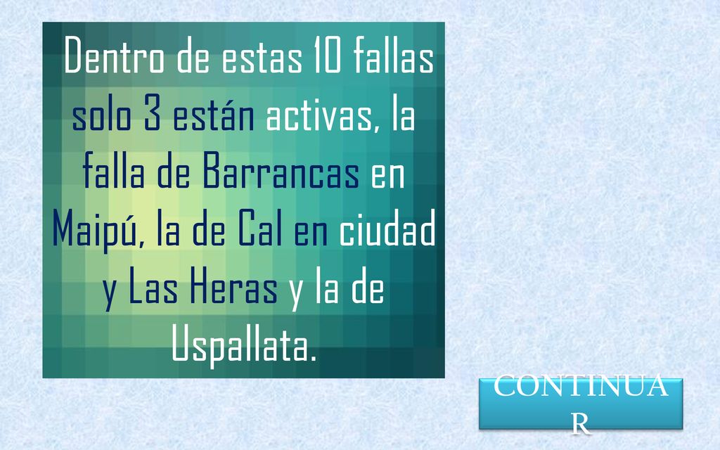 Dentro de estas 10 fallas solo 3 están activas, la falla de Barrancas en Maipú, la de Cal en ciudad y Las Heras y la de Uspallata.