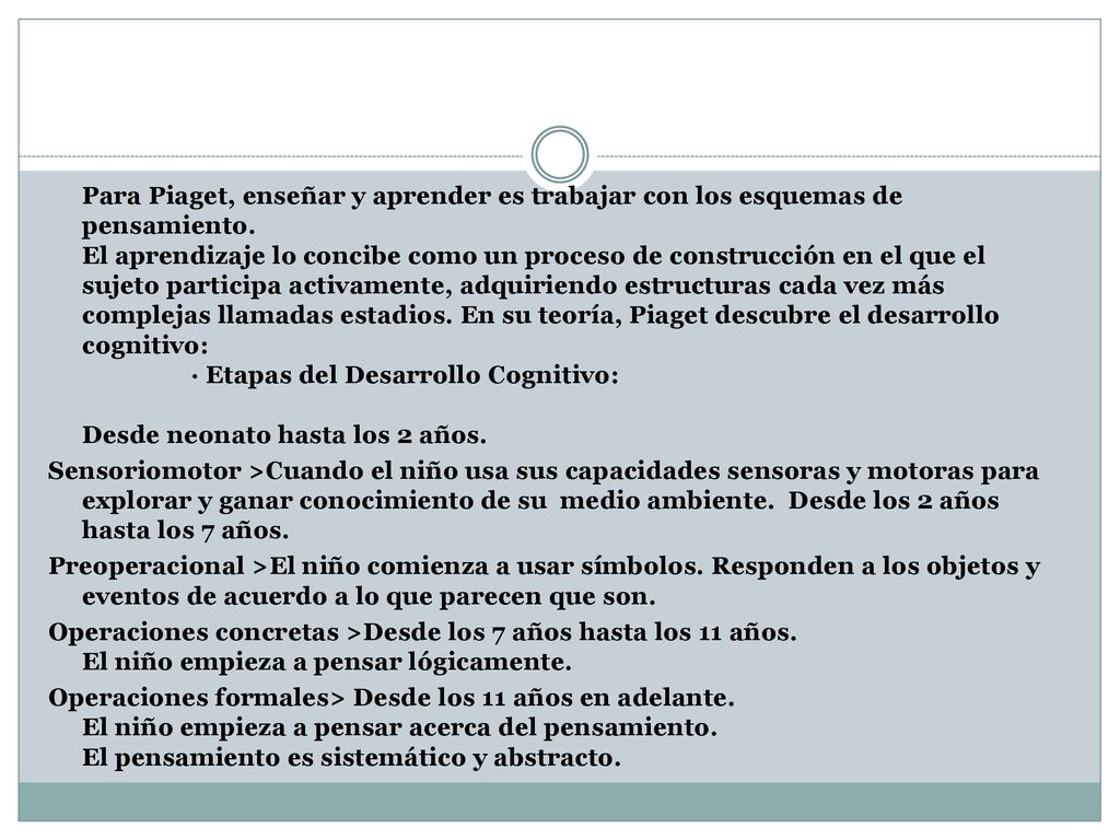 Para Piaget, enseñar y aprender es trabajar con los esquemas de pensamiento. El aprendizaje lo concibe como un proceso de construcción en el que el sujeto participa activamente, adquiriendo estructuras cada vez más complejas llamadas estadios. En su teoría, Piaget descubre el desarrollo cognitivo: · Etapas del Desarrollo Cognitivo: Desde neonato hasta los 2 años.