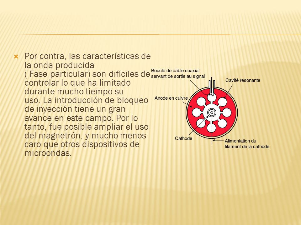 Por contra, las características de la onda producida ( Fase particular) son difíciles de controlar lo que ha limitado durante mucho tiempo su uso. La introducción de bloqueo de inyección tiene un gran avance en este campo. Por lo tanto, fue posible ampliar el uso del magnetrón, y mucho menos caro que otros dispositivos de microondas.