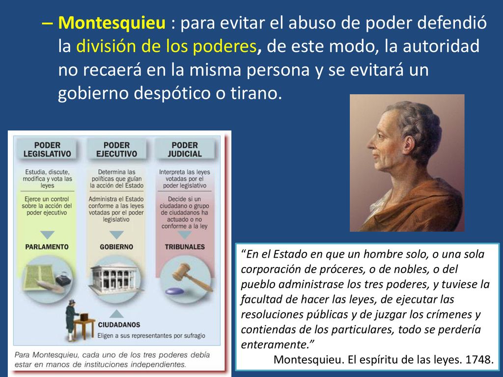 Montesquieu : para evitar el abuso de poder defendió la división de los poderes, de este modo, la autoridad no recaerá en la misma persona y se evitará un gobierno despótico o tirano.