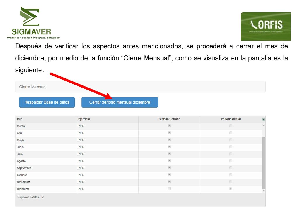 Después de verificar los aspectos antes mencionados, se procederá a cerrar el mes de diciembre, por medio de la función Cierre Mensual , como se visualiza en la pantalla es la siguiente: