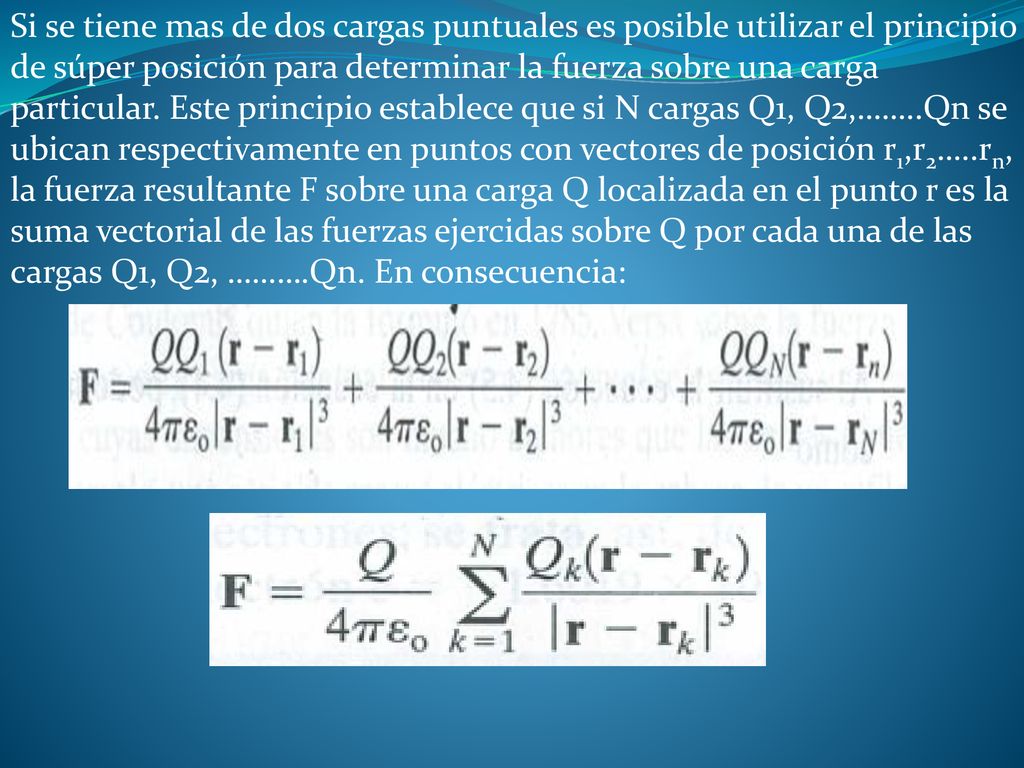 Si se tiene mas de dos cargas puntuales es posible utilizar el principio de súper posición para determinar la fuerza sobre una carga particular.