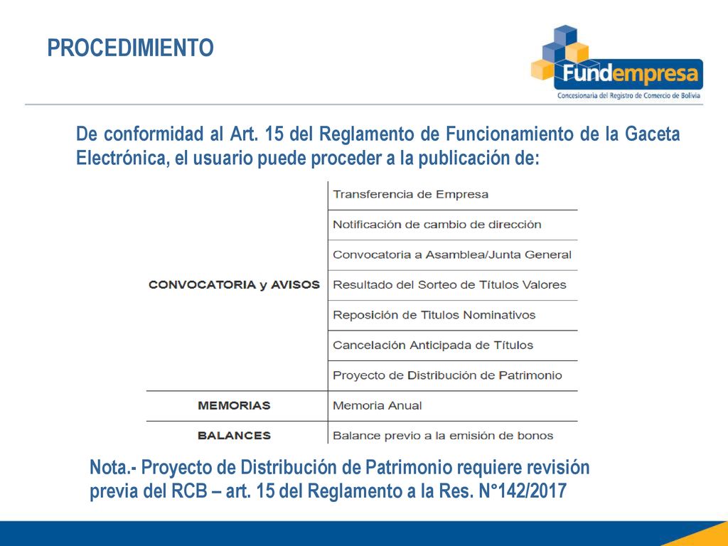 PROCEDIMIENTO De conformidad al Art. 15 del Reglamento de Funcionamiento de la Gaceta Electrónica, el usuario puede proceder a la publicación de:
