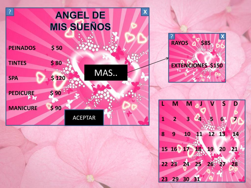 ANGEL DE MIS SUEÑOS MAS.. L M M J V S D PEINADOS $ 50 TINTES $ 80