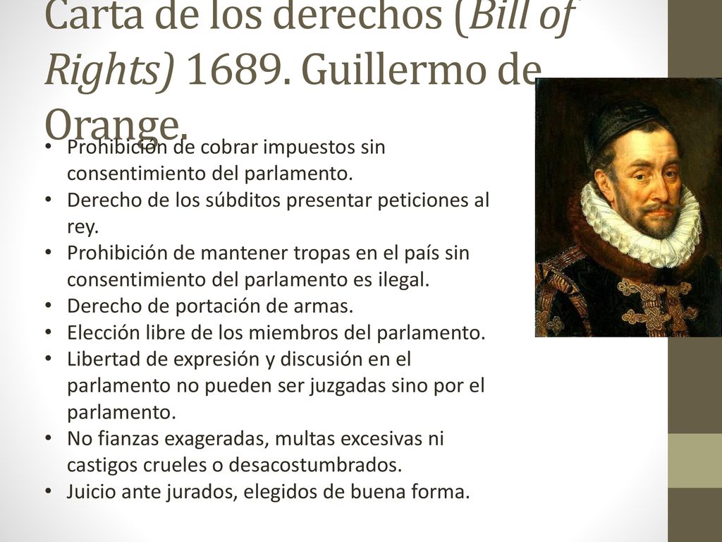 Carta de los derechos (Bill of Rights) Guillermo de Orange.