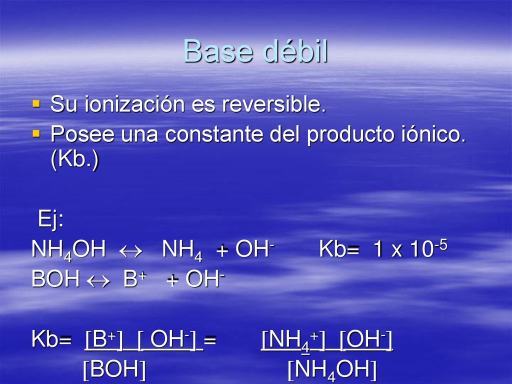 Base débil Su ionización es reversible.