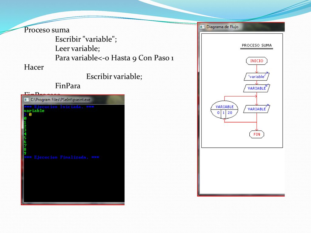 Proceso suma Escribir variable ; Leer variable; Para variable<-0 Hasta 9 Con Paso 1 Hacer. Escribir variable;