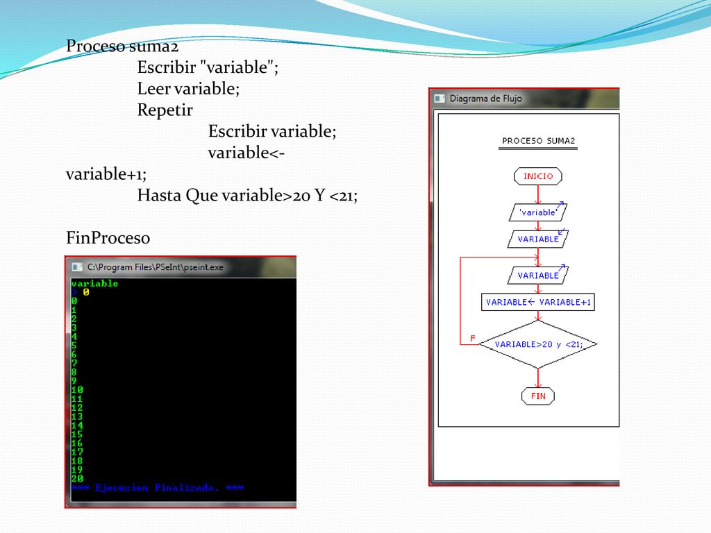 Proceso suma2 Escribir variable ; Leer variable; Repetir. Escribir variable; variable<-variable+1;