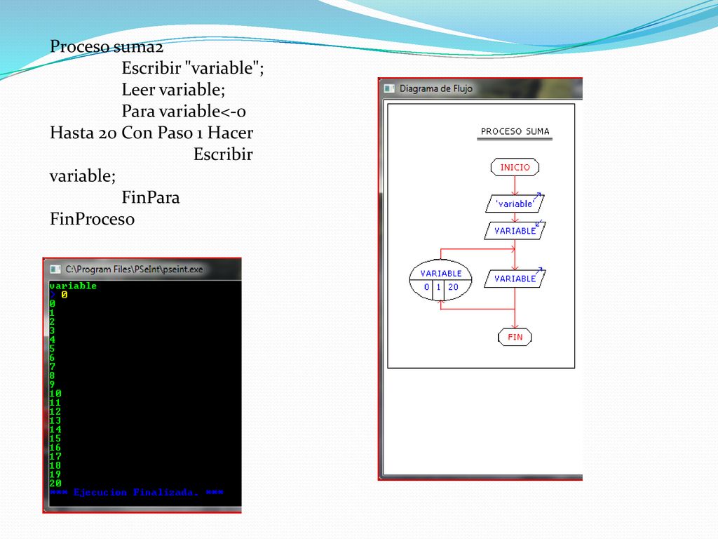 Proceso suma2 Escribir variable ; Leer variable; Para variable<-0 Hasta 20 Con Paso 1 Hacer. Escribir variable;