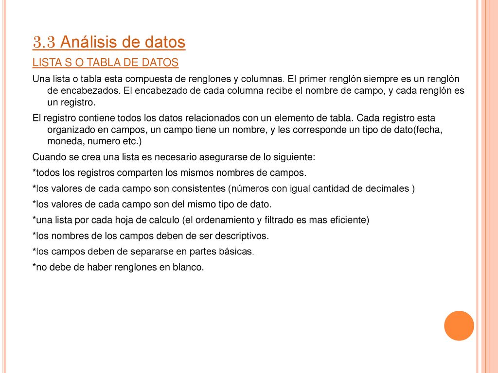 3.3 Análisis de datos LISTA S O TABLA DE DATOS