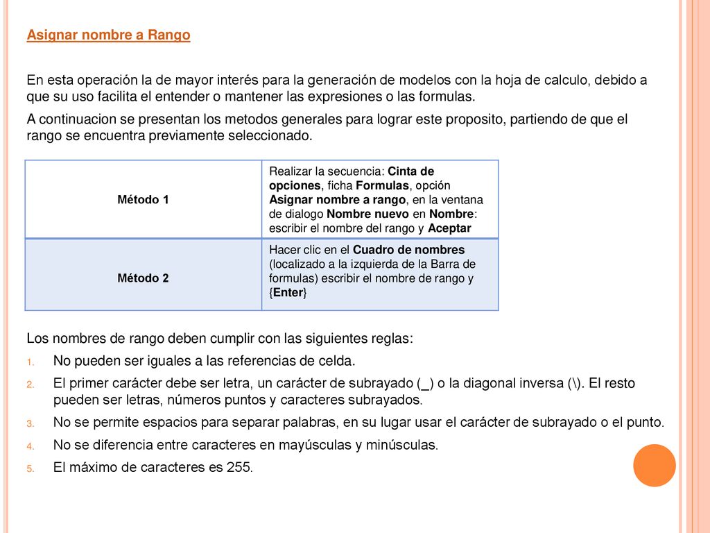 Los nombres de rango deben cumplir con las siguientes reglas: