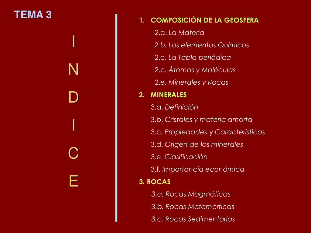 I N D C E TEMA 3 COMPOSICIÓN DE LA GEOSFERA 2.a. La Materia