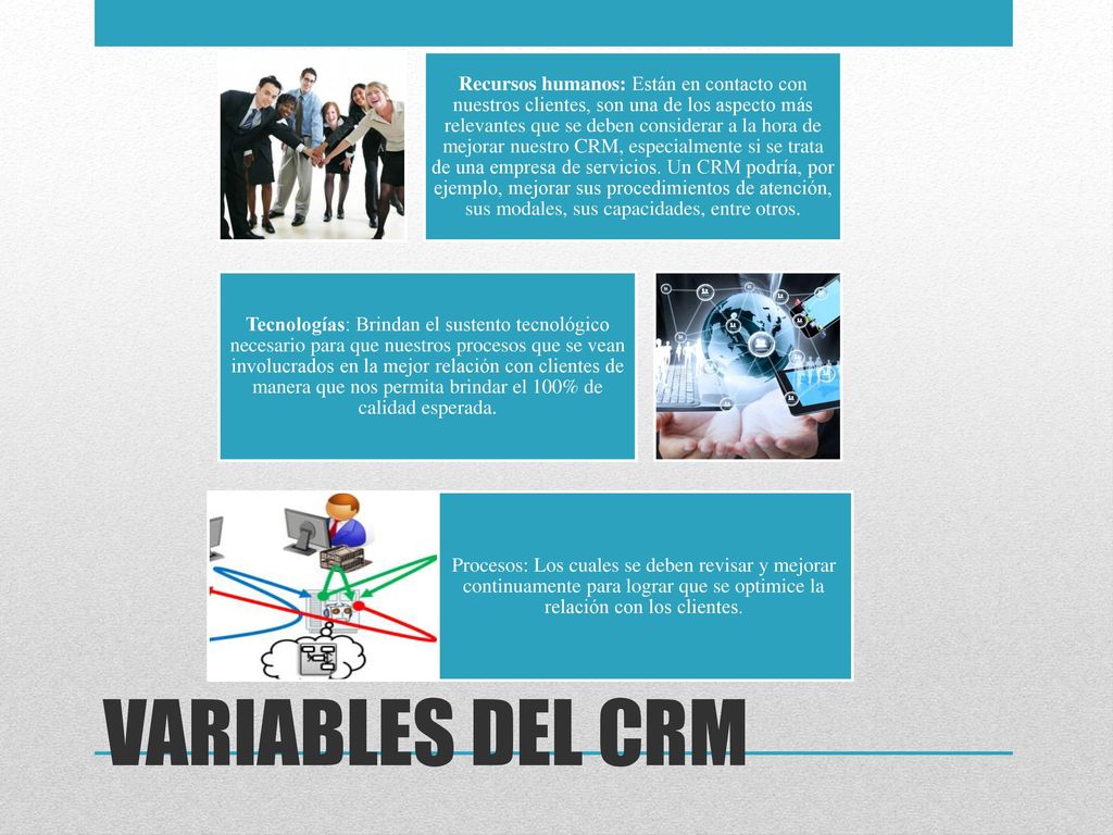 Recursos humanos: Están en contacto con nuestros clientes, son una de los aspecto más relevantes que se deben considerar a la hora de mejorar nuestro CRM, especialmente si se trata de una empresa de servicios. Un CRM podría, por ejemplo, mejorar sus procedimientos de atención, sus modales, sus capacidades, entre otros.