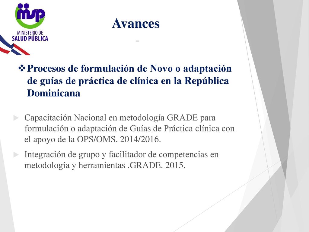 Avances - Procesos de formulación de Novo o adaptación de guías de práctica de clínica en la República Dominicana.