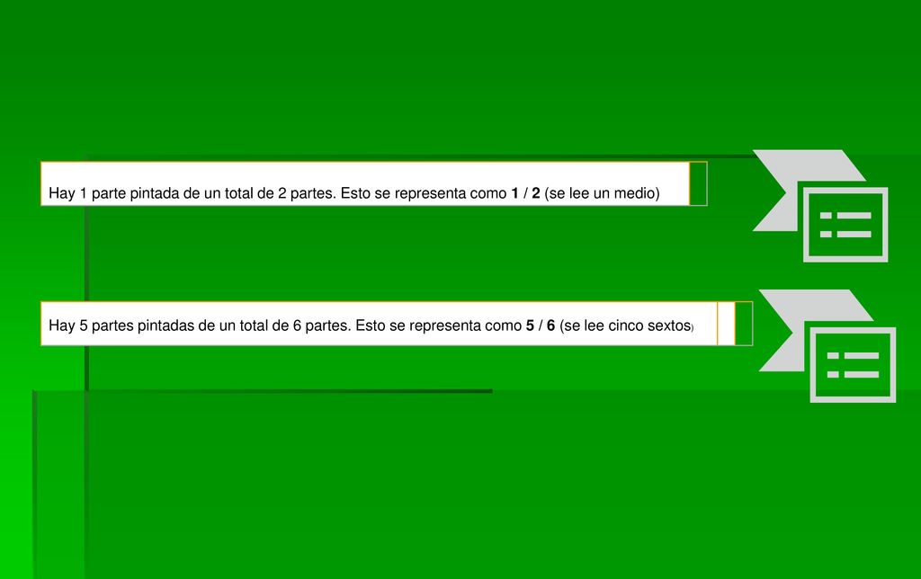 Hay 1 parte pintada de un total de 2 partes. Esto se representa como 1 / 2 (se lee un medio)